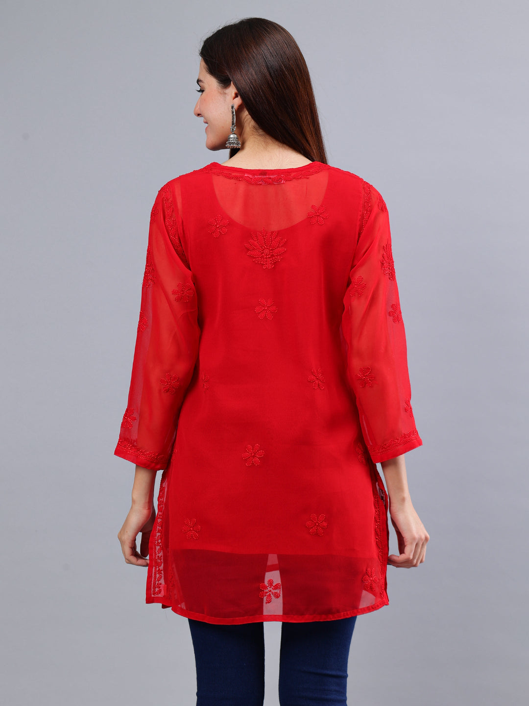 Red-Georgette-Embroidery-Chikankari-Short-Tunic-with-Slip