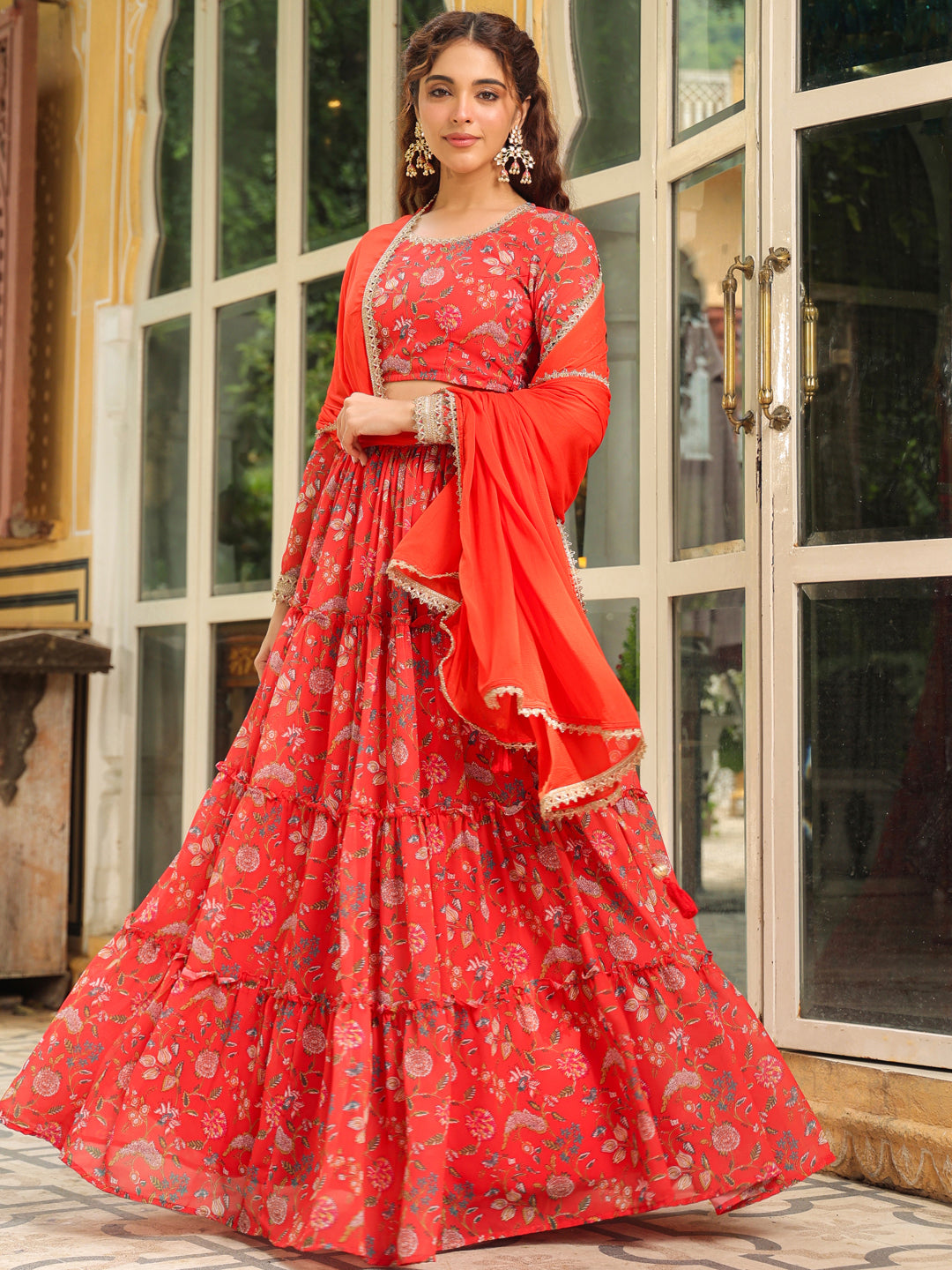 ZERESOUQ-Red-Georgette-Floral-Print-Full-Sleeves-Lehenga-Set