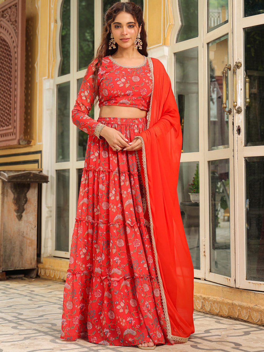 ZERESOUQ-Red-Georgette-Floral-Print-Full-Sleeves-Lehenga-Set