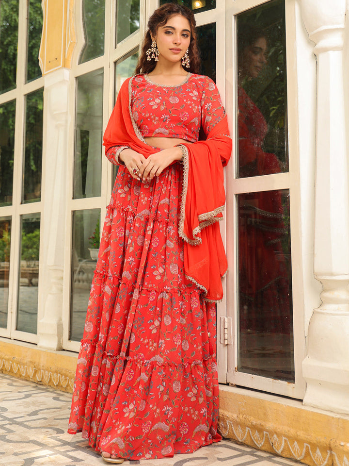 Red-Georgette-Floral-Print-Full-Sleeves-Lehenga-Set