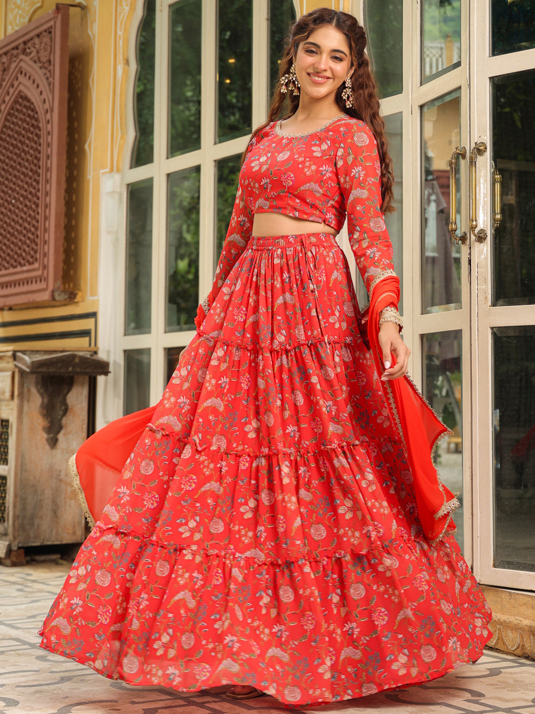 Red-Georgette-Floral-Print-Full-Sleeves-Lehenga-Set