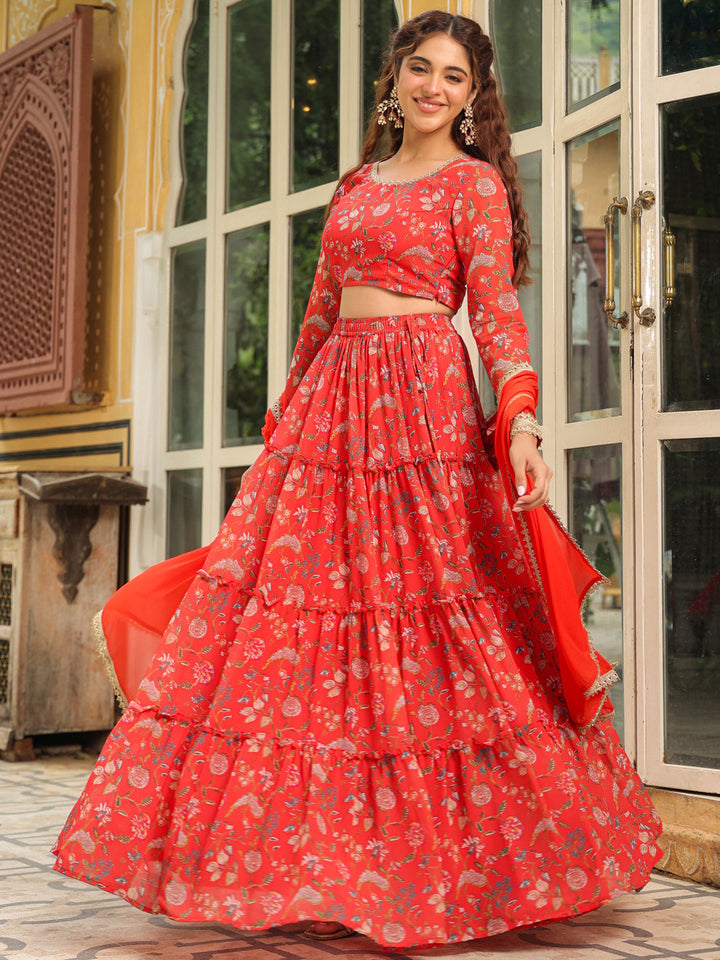 Red-Georgette-Floral-Print-Full-Sleeves-Lehenga-Set