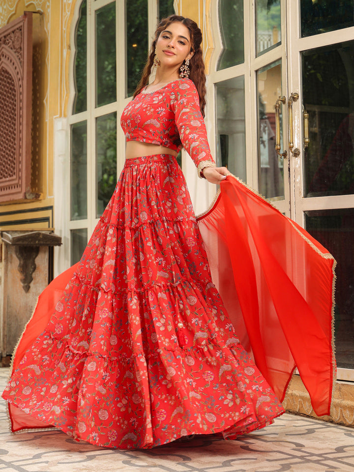 Red-Georgette-Floral-Print-Full-Sleeves-Lehenga-Set