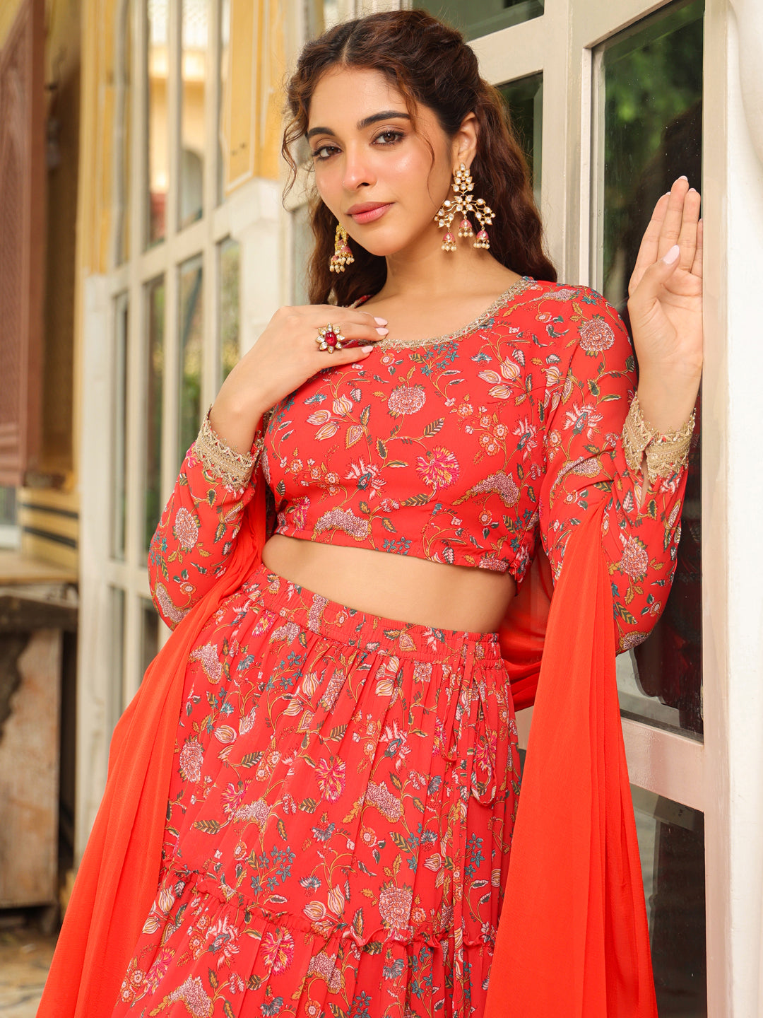 Red-Georgette-Floral-Print-Full-Sleeves-Lehenga-Set