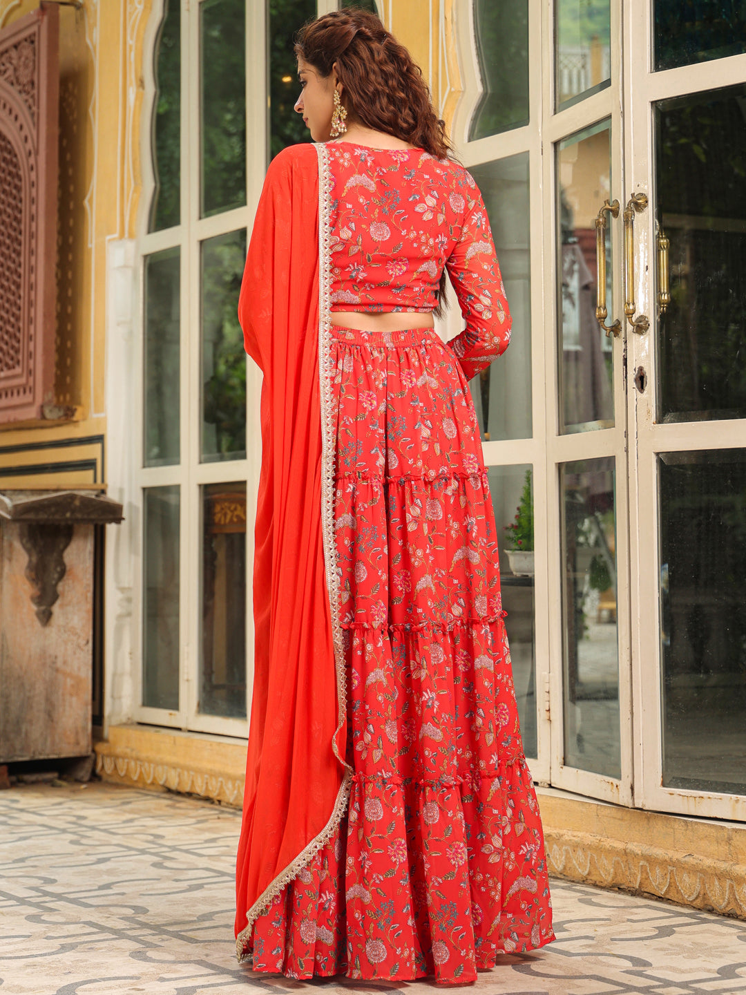 Red-Georgette-Floral-Print-Full-Sleeves-Lehenga-Set