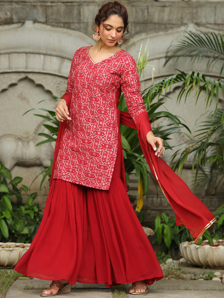 Red Georgette Front Embroidered Straight Kurta Set