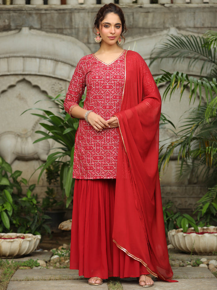 Red Georgette Front Embroidered Straight Kurta Set