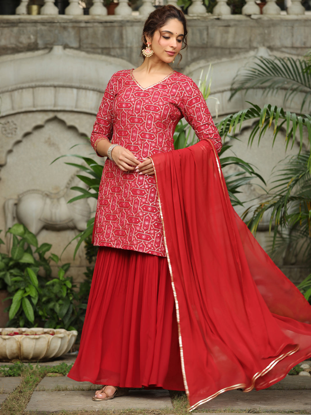 Red Georgette Front Embroidered Straight Kurta Set