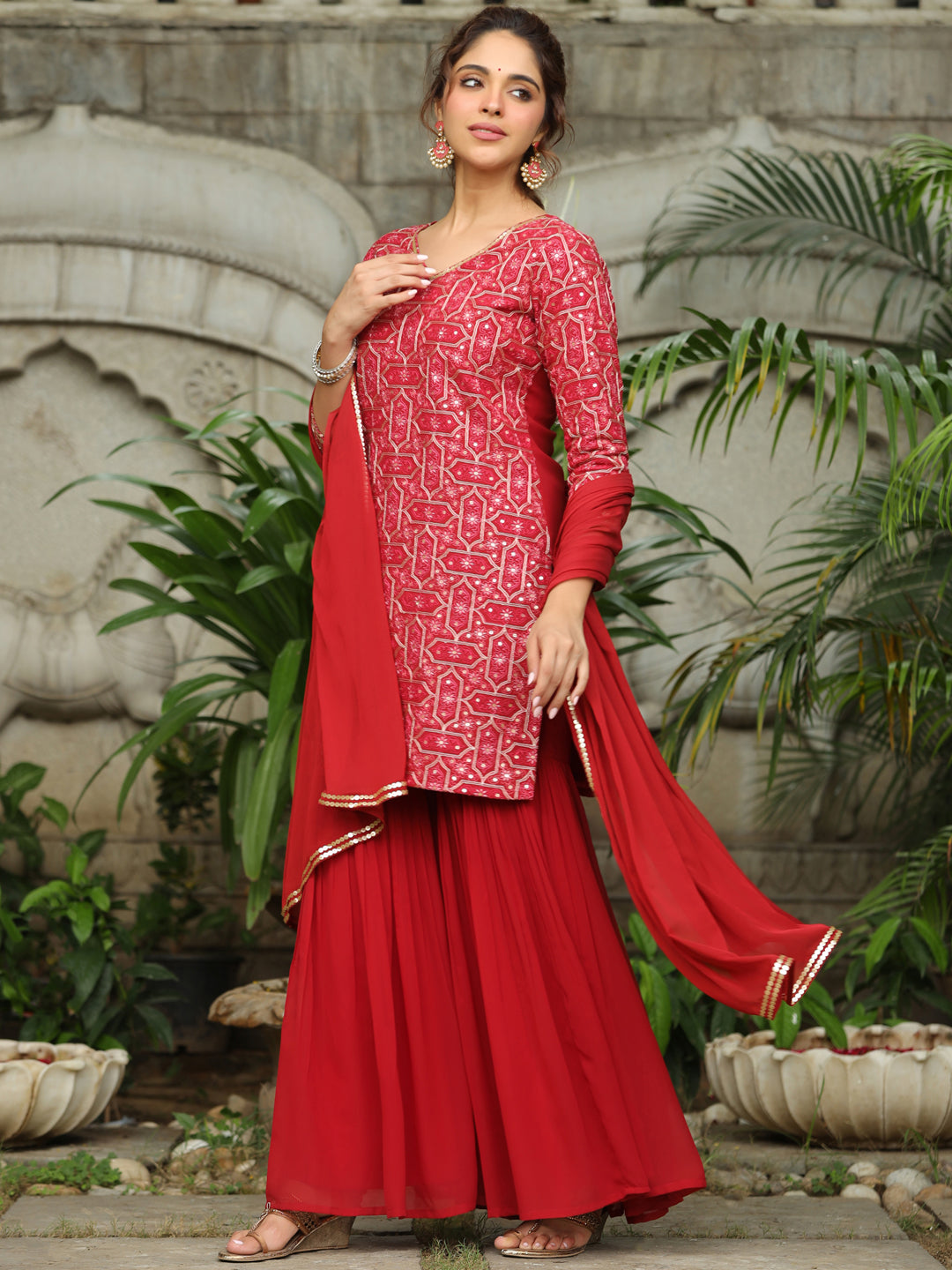 Red Georgette Front Embroidered Straight Kurta Set