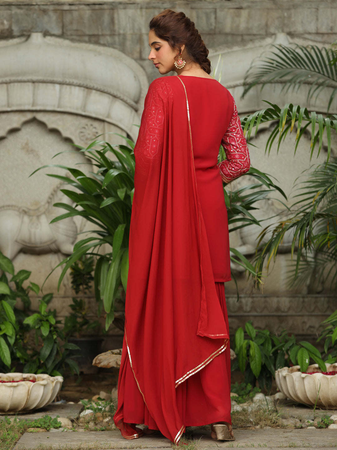 Red Georgette Front Embroidered Straight Kurta Set