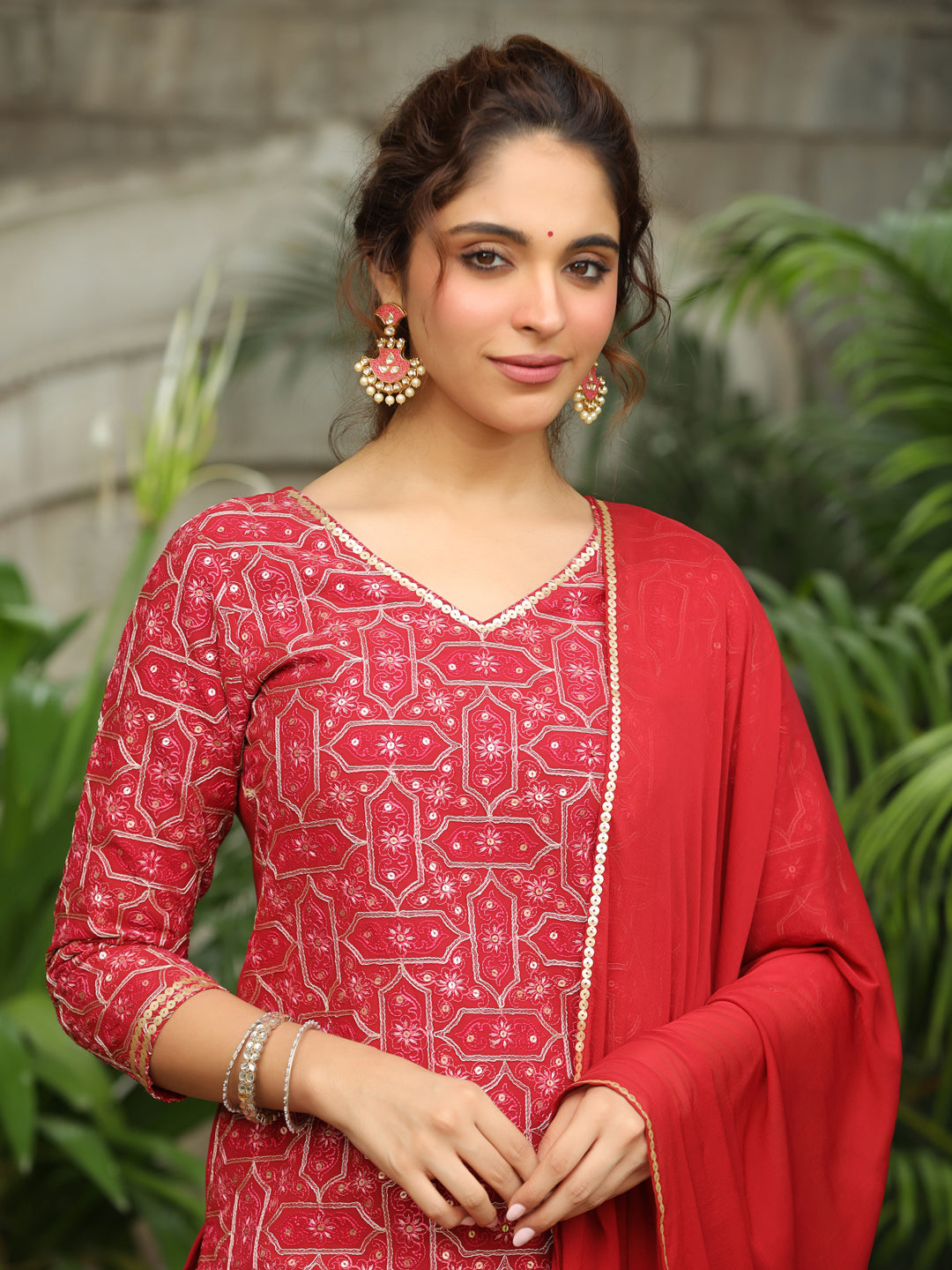 Red Georgette Front Embroidered Straight Kurta Set