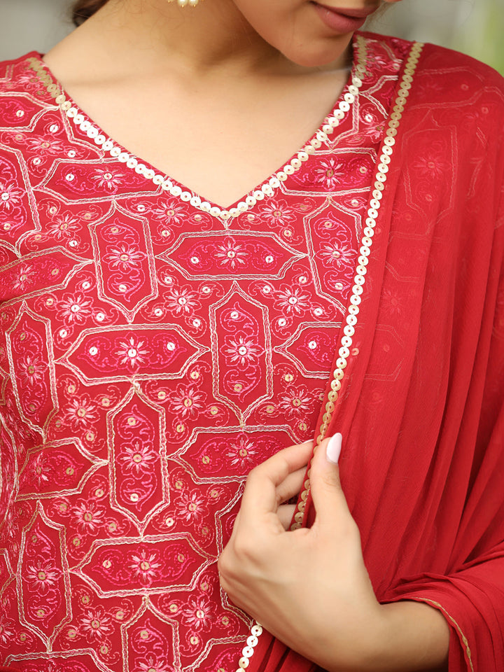 Red Georgette Front Embroidered Straight Kurta Set