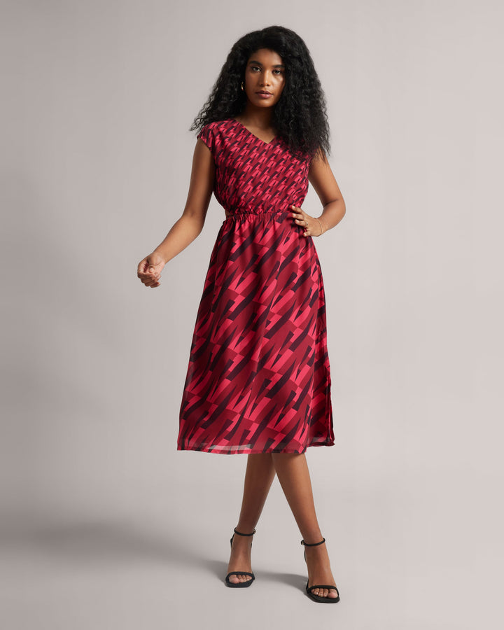 Red Georgette Geometric Print Cut-Out Midi Dress