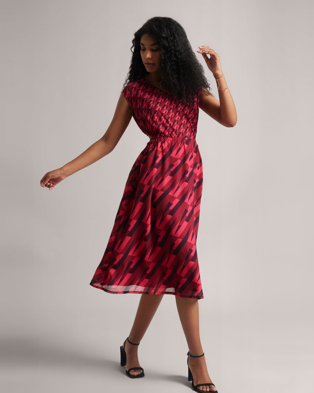 Red Georgette Geometric Print Cut-Out Midi Dress