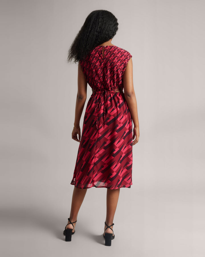 Red Georgette Geometric Print Cut-Out Midi Dress