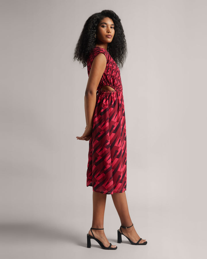 Red Georgette Geometric Print Cut-Out Midi Dress