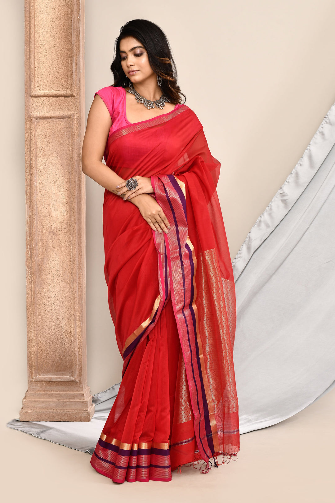 Red-Maheshwari-Saree-Double-Border-Saree