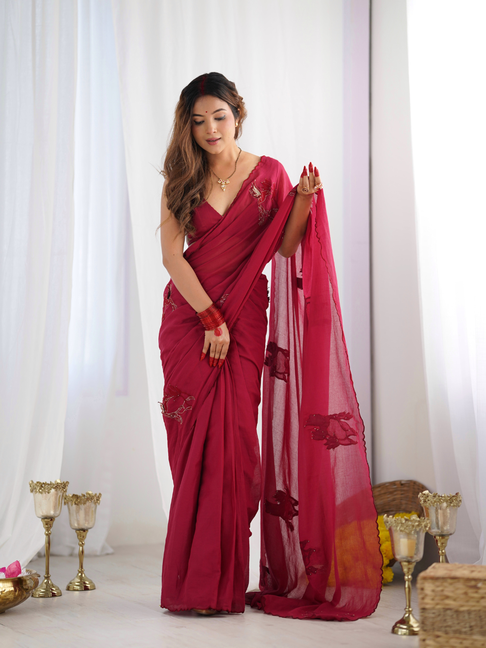 Red-Mulmul-Embroidered-Ready-To-Wear-Saree