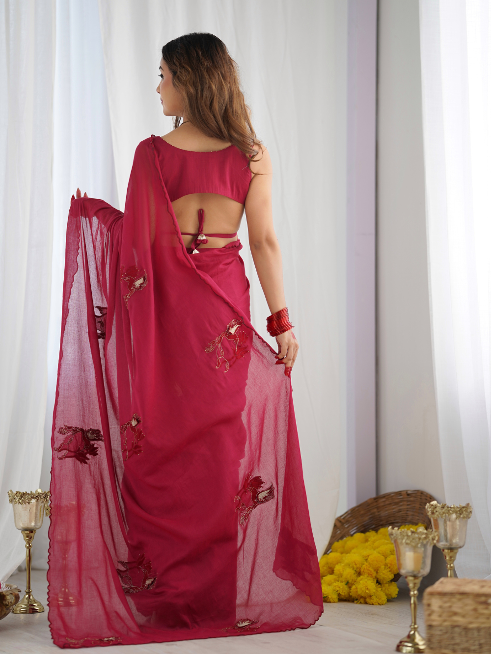 Red-Mulmul-Embroidered-Ready-To-Wear-Saree