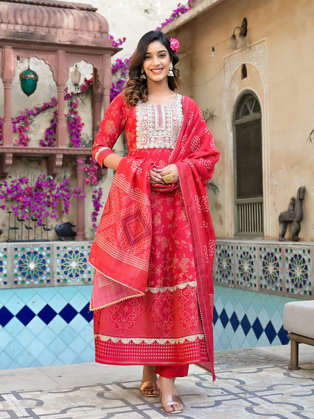 Red-Silk-Patch-Work-Anarkali-Shape-3-Piece-Kurta-Set