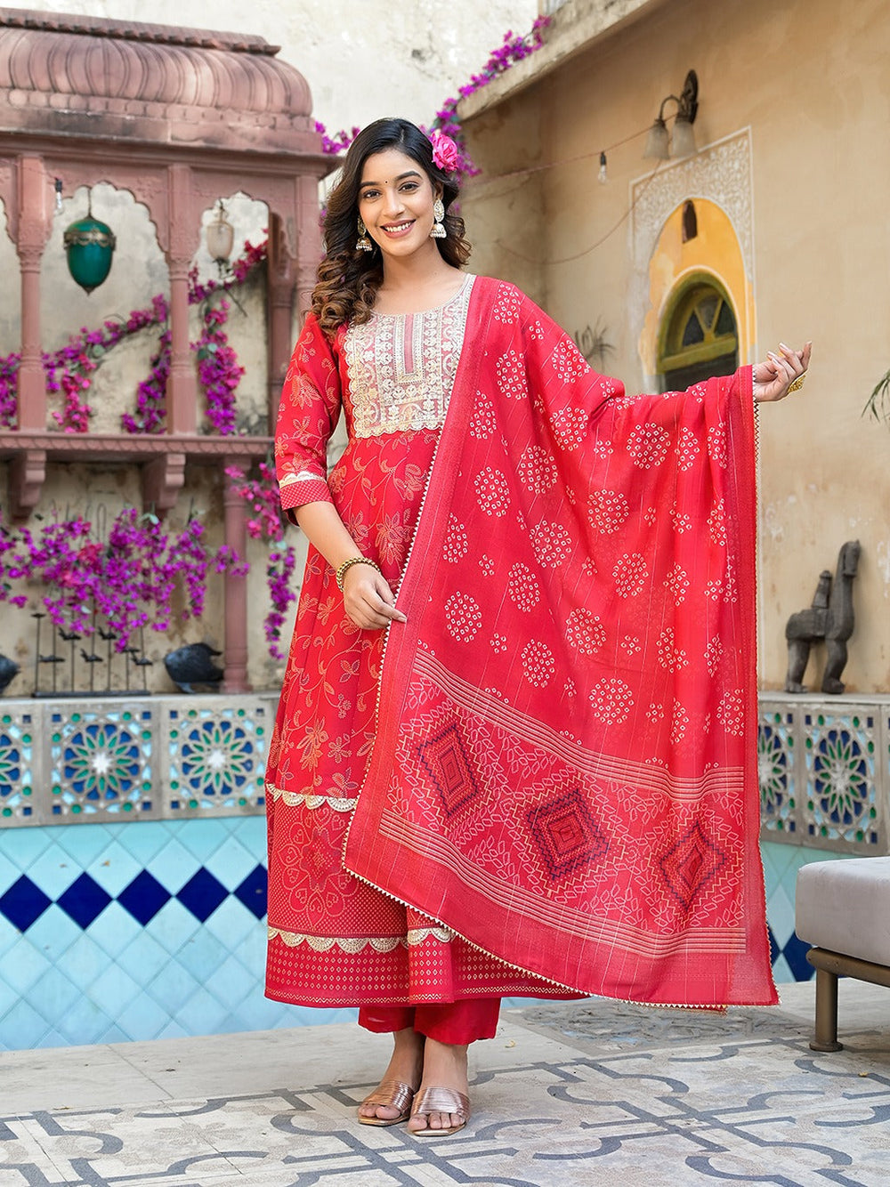 Red-Silk-Patch-Work-Anarkali-Shape-3-Piece-Kurta-Set