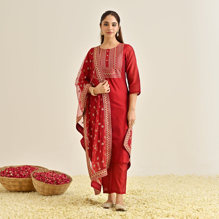 Red-Poly-Chanderi-Embroidered-3-Piece-Kurta-Set