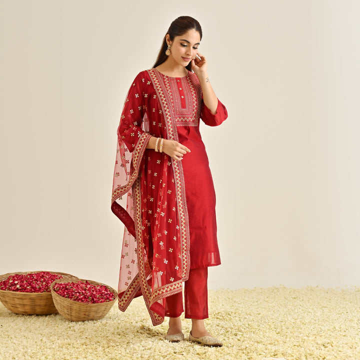 Red-Poly-Chanderi-Embroidered-3-Piece-Kurta-Set