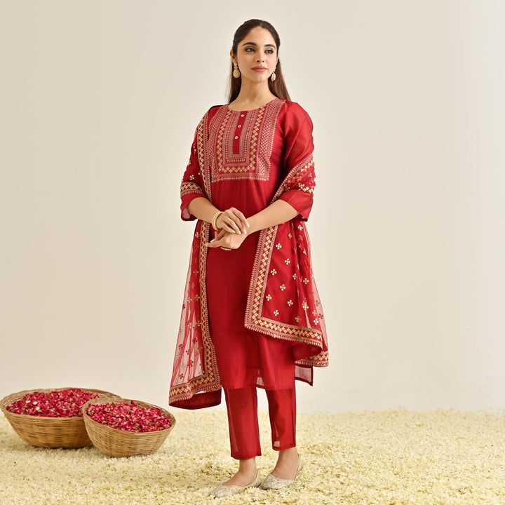 Red-Poly-Chanderi-Embroidered-3-Piece-Kurta-Set