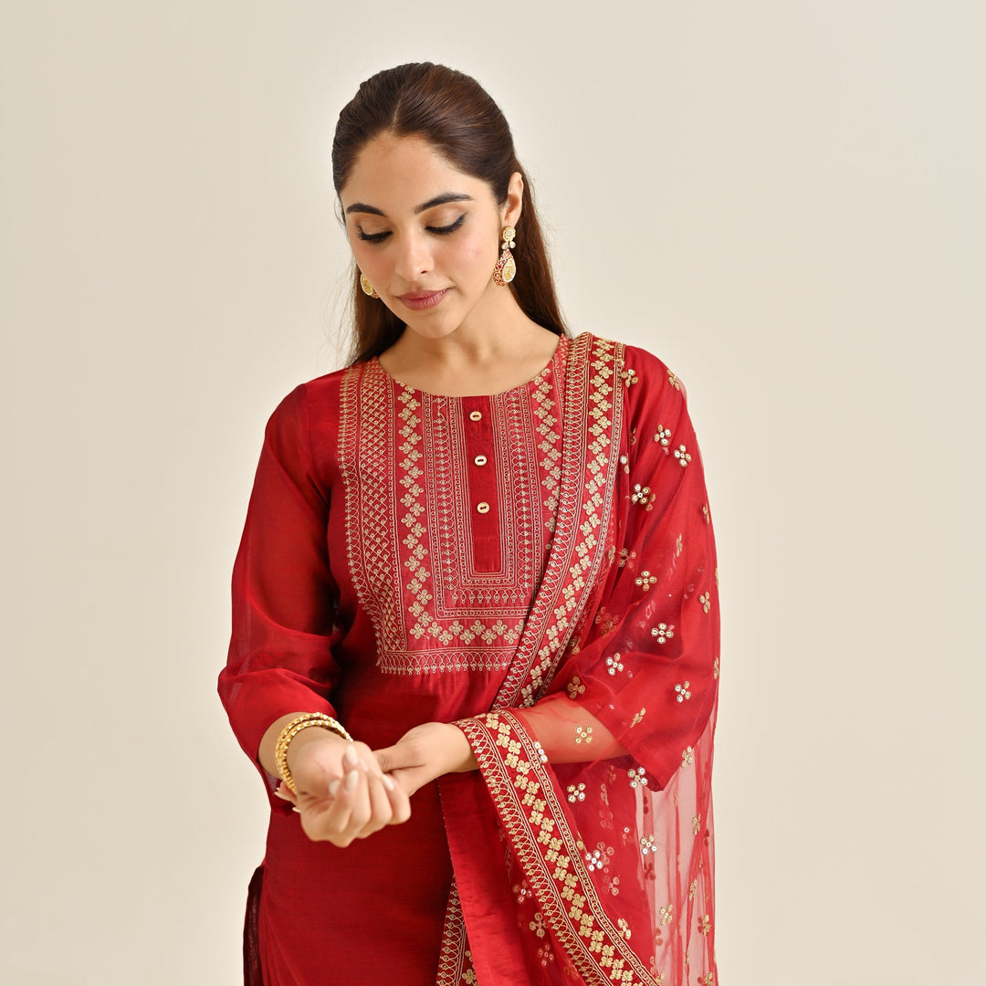 Red-Poly-Chanderi-Embroidered-3-Piece-Kurta-Set