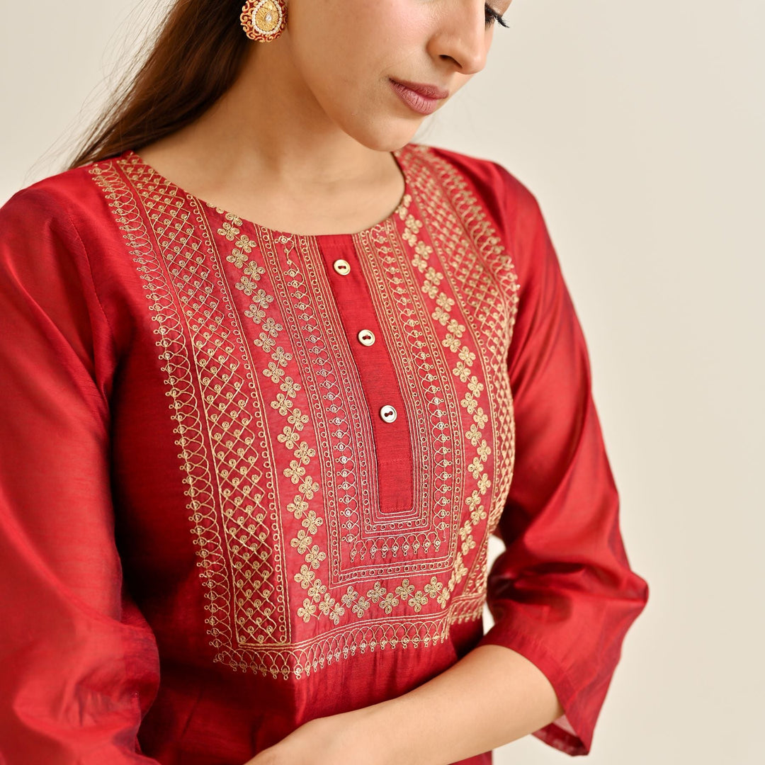 Red-Poly-Chanderi-Embroidered-3-Piece-Kurta-Set