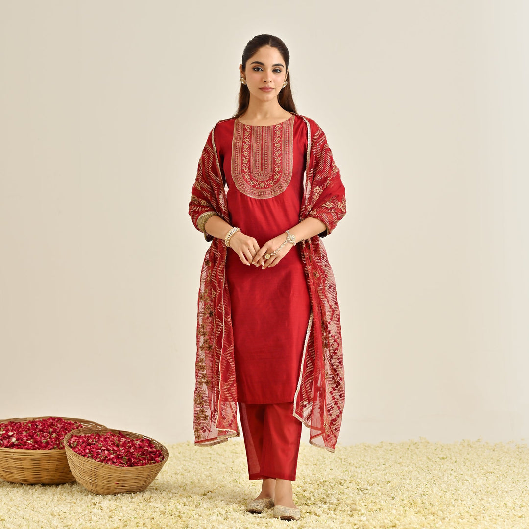 Red-Poly-Chanderi-Embroidered-Yoke-Detail-3-Piece-Kurta-Set