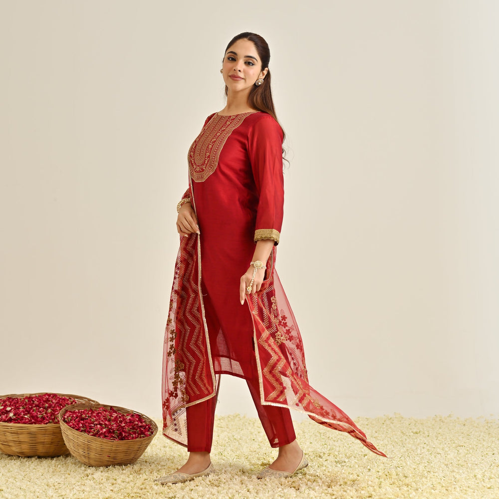 Red-Poly-Chanderi-Embroidered-Yoke-Detail-3-Piece-Kurta-Set