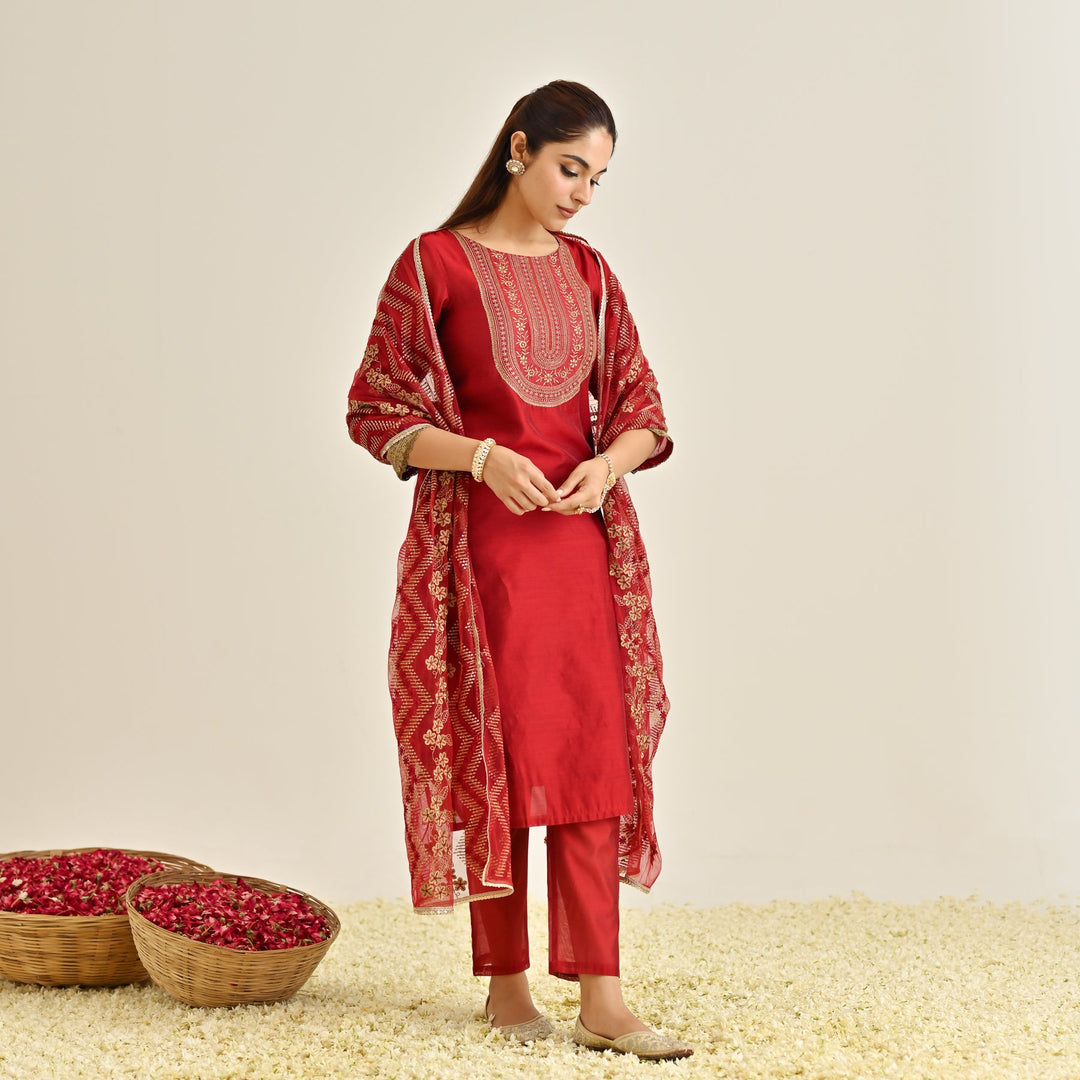 Red-Poly-Chanderi-Embroidered-Yoke-Detail-3-Piece-Kurta-Set