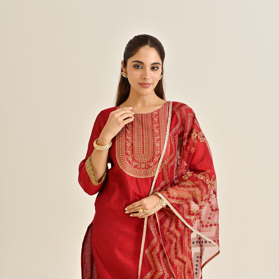 Red-Poly-Chanderi-Embroidered-Yoke-Detail-3-Piece-Kurta-Set