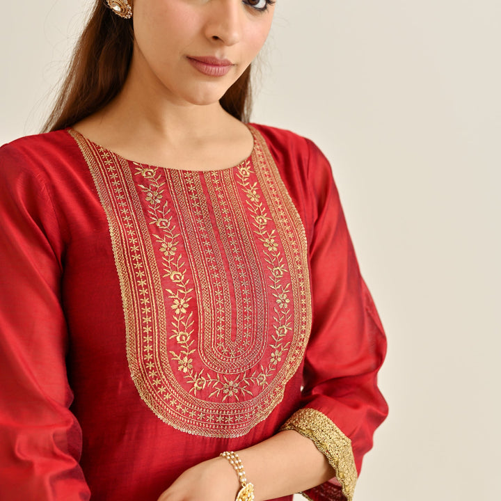 Red-Poly-Chanderi-Embroidered-Yoke-Detail-3-Piece-Kurta-Set