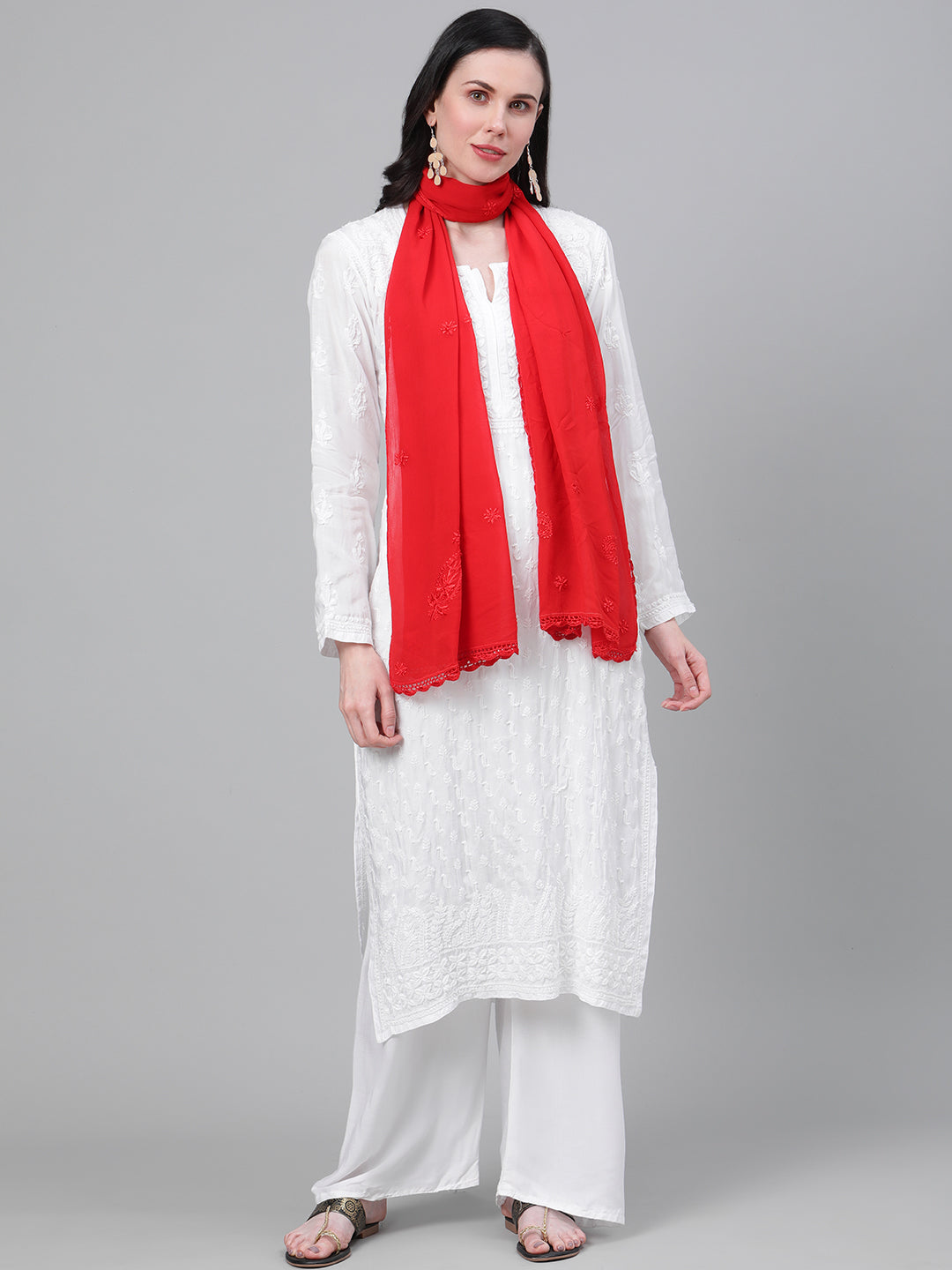 Red-Poly-Georgette-Floral-Chikankari-Handloom-Dupatta