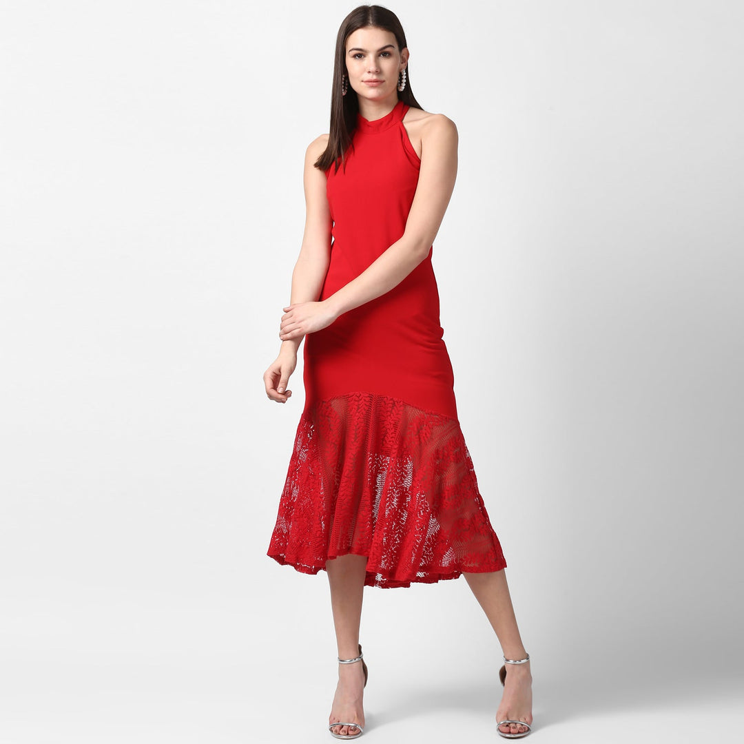 Red-Polyester-Asymmetrical-Lace-Dress