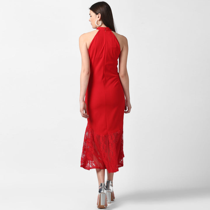 Red-Polyester-Asymmetrical-Lace-Dress