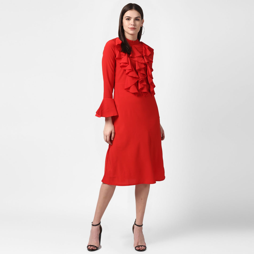 Red-Polyester-Front-Ruffle-Bell-Sleeve-Dress
