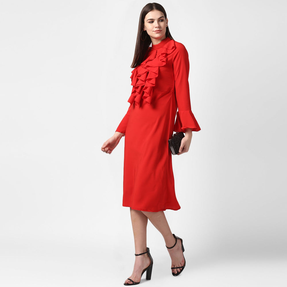 Red-Polyester-Front-Ruffle-Bell-Sleeve-Dress