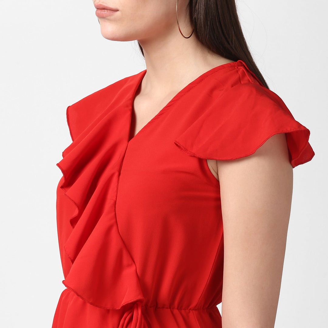 Red-Polyester-Front-Ruffle-Dress