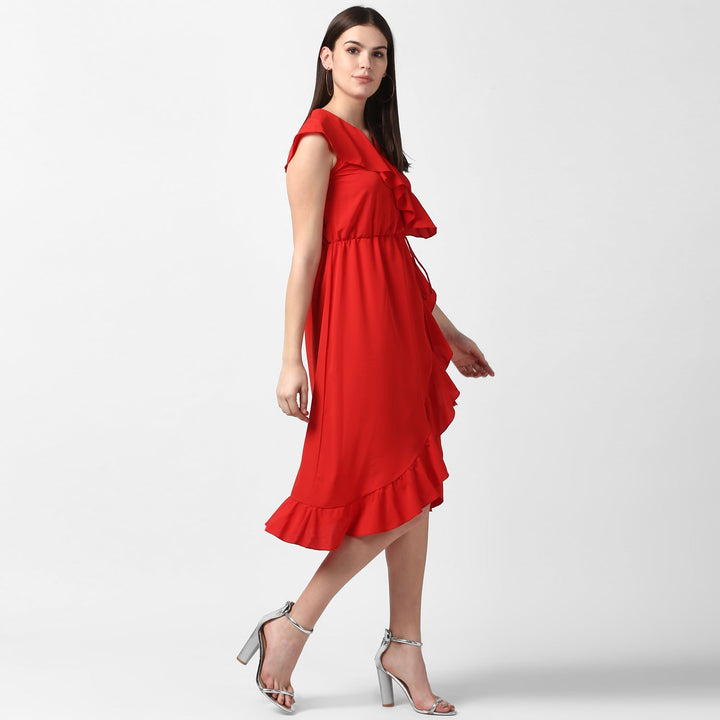 Red-Polyester-Front-Ruffle-Dress