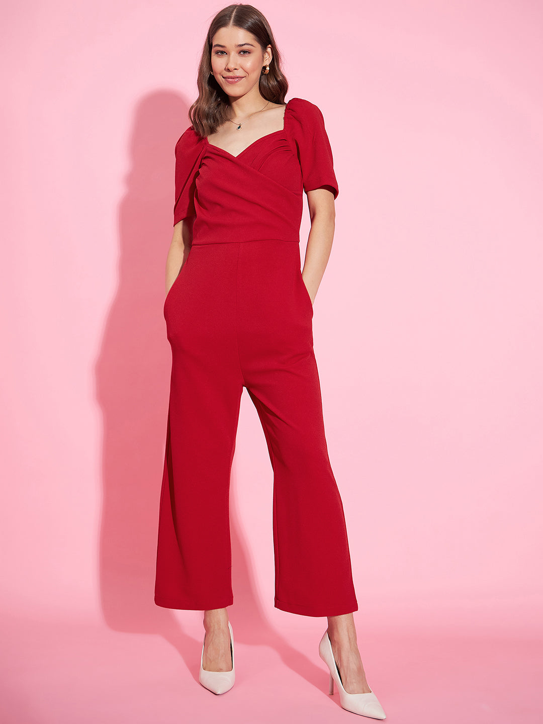 Red-Polyester-Lycra-Front-Pleat-Lycra-Jumpsuit