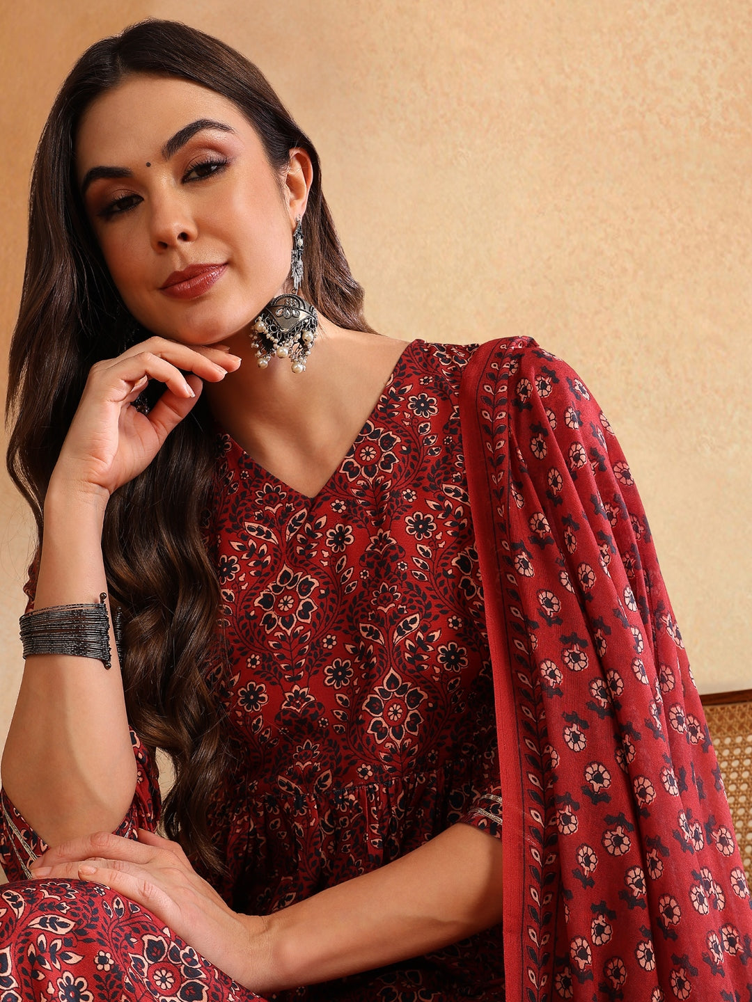 Red-Rayon-Blend-Floral-Printed-A-Line-3-Piece-Kurta-Set