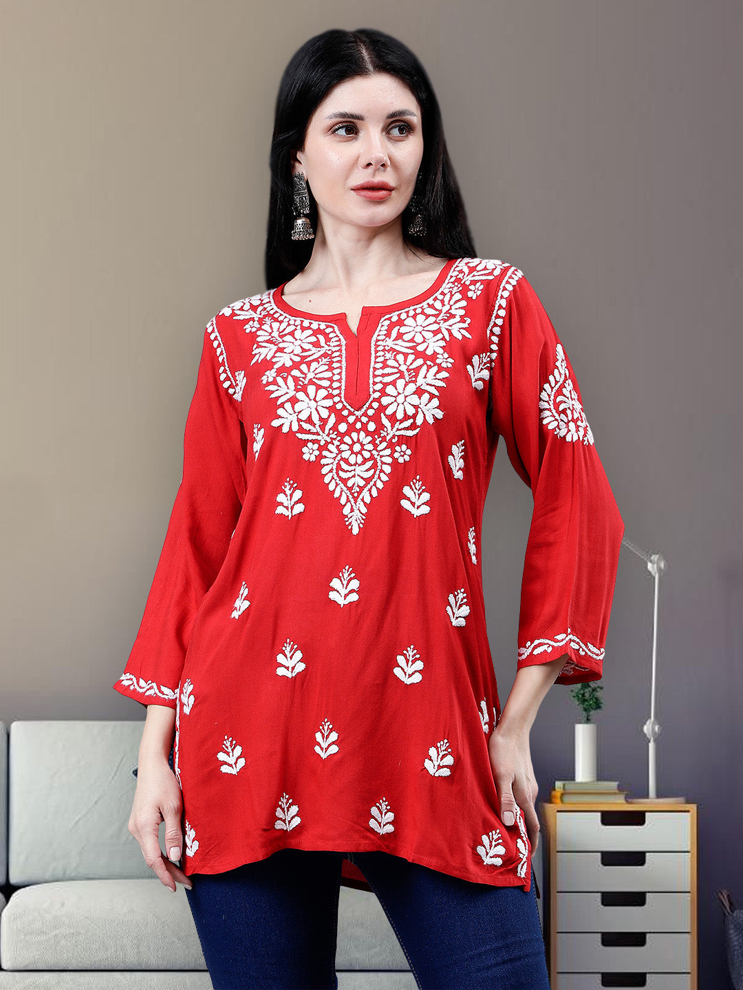 Red-Rayon-Chikankari-Short-Tunic