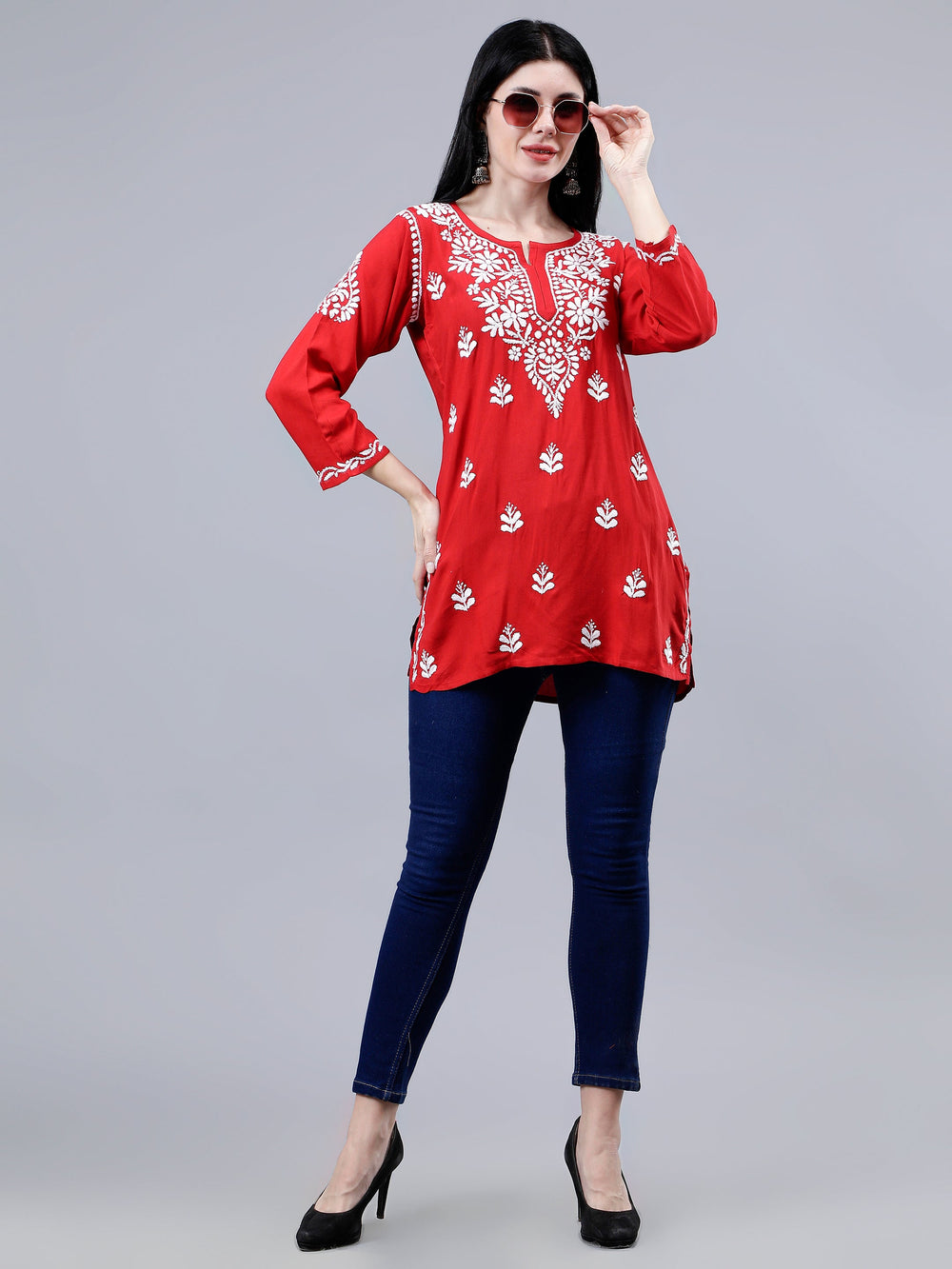 Red-Rayon-Chikankari-Short-Tunic