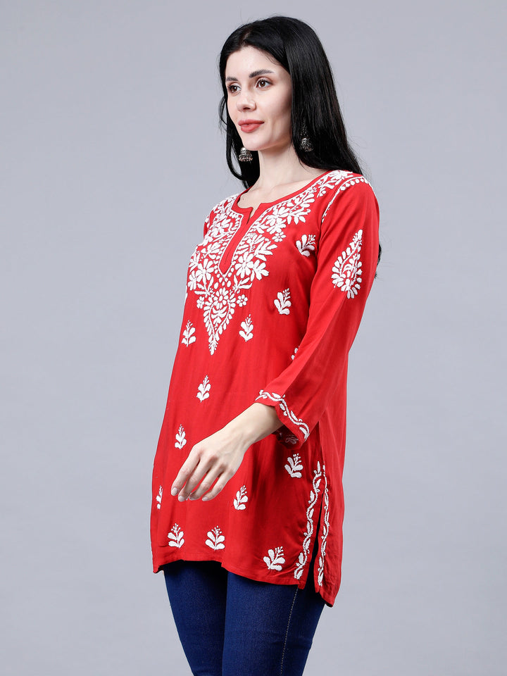 Red-Rayon-Chikankari-Short-Tunic