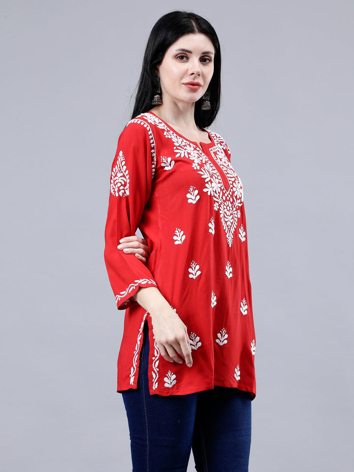 Red-Rayon-Chikankari-Short-Tunic