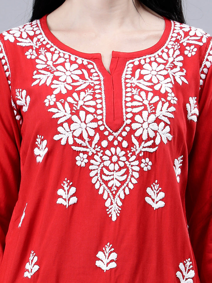 Red-Rayon-Chikankari-Short-Tunic