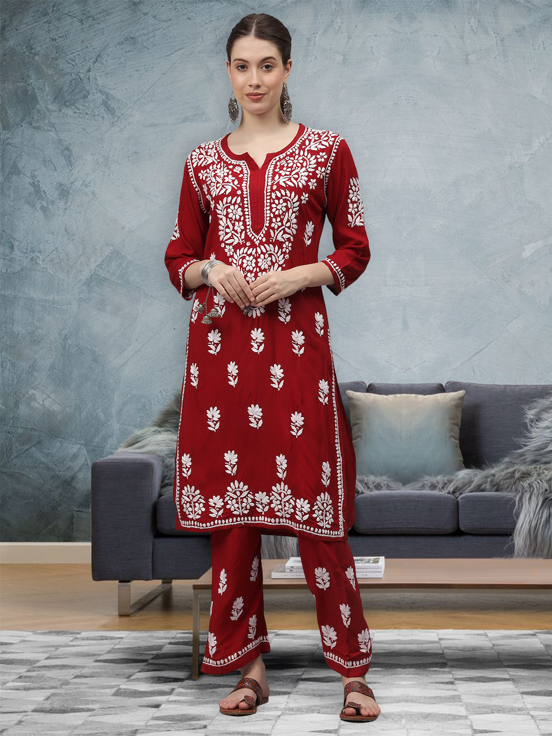 Red-Rayon-Embroidered-Chikankari-2-Piece-Kurta-Set